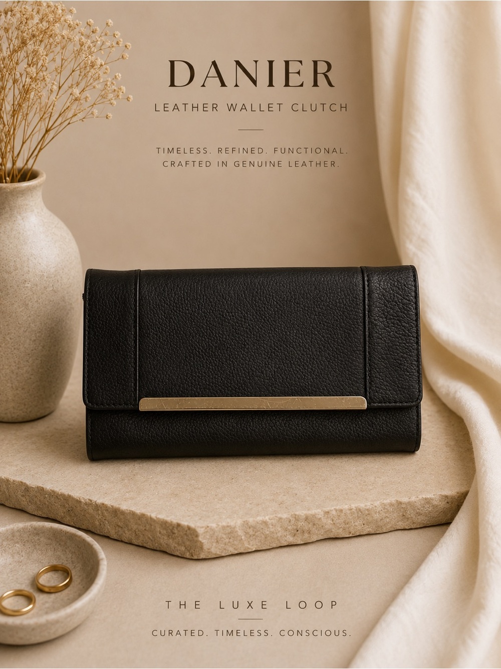 Danier Black Leather Clutch with Gold Accent